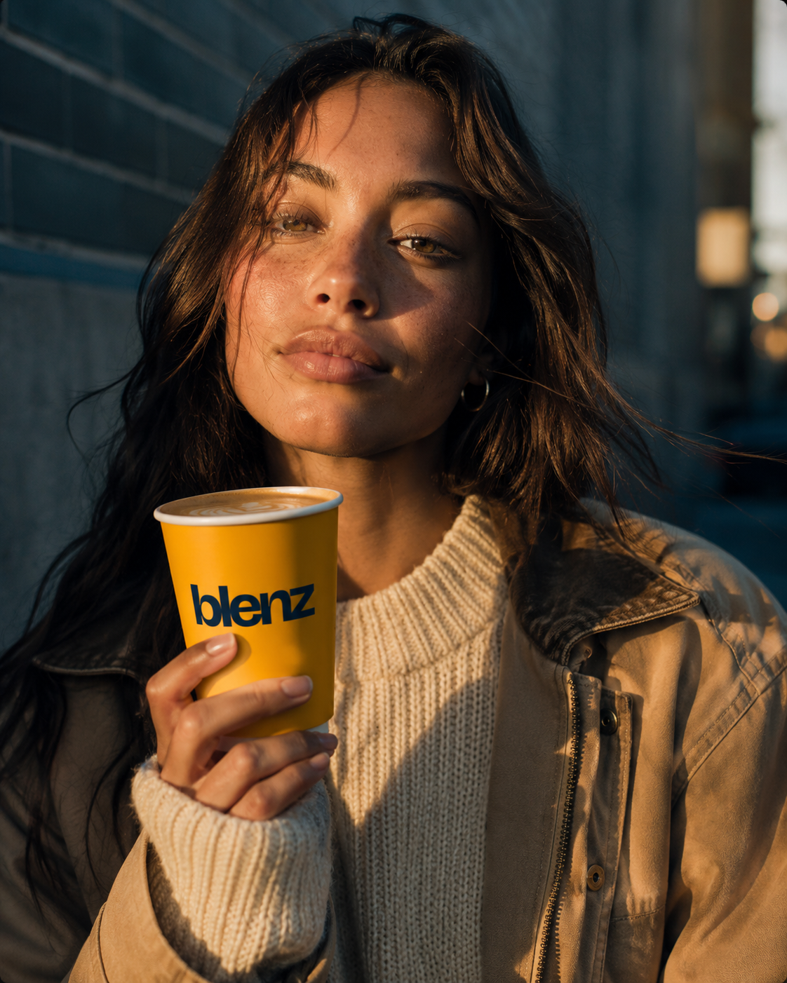 Hero shot — yellow blenz takeaway cup, golden hour Vancouver light